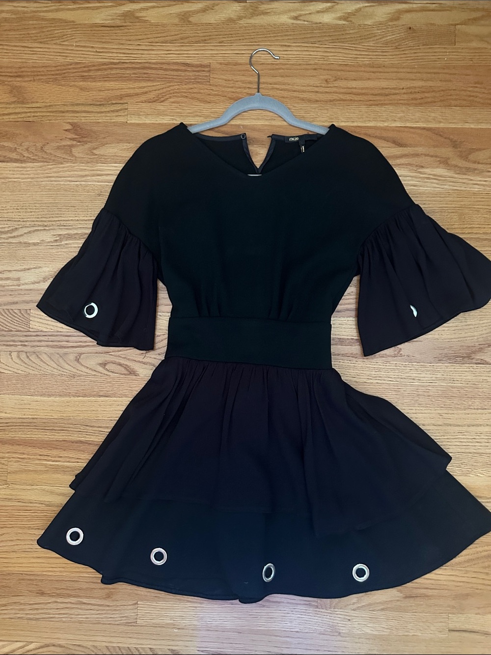 Maje Black Bell-Sleeve Mini Dress with Grommet Detail